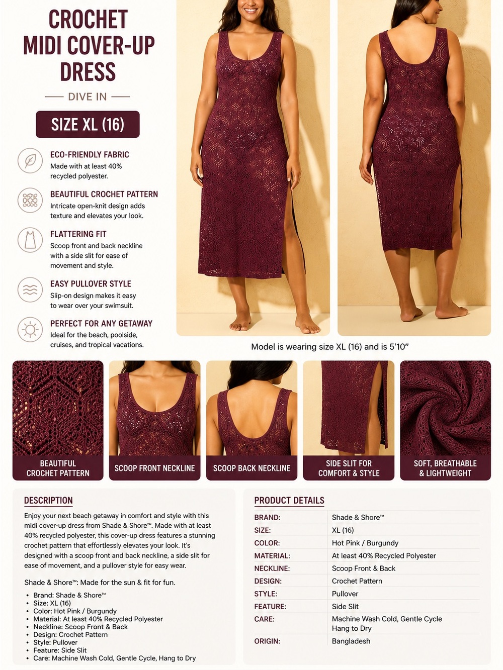 Shade & Shore Burgundy Crochet Midi Cover-Up Dress